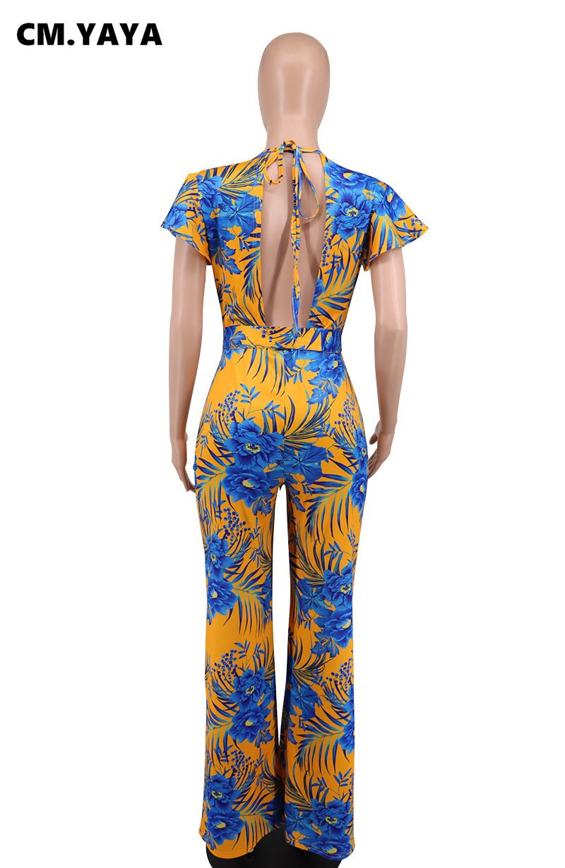 Floral Leaf Short Sleeve Tie Neck Backless Wide Leg Jumpsuit