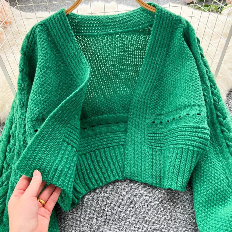 Knitted Crop Cardigans Sweet Winter Korean Elegant All Match Cardigan Lantern Sleeve