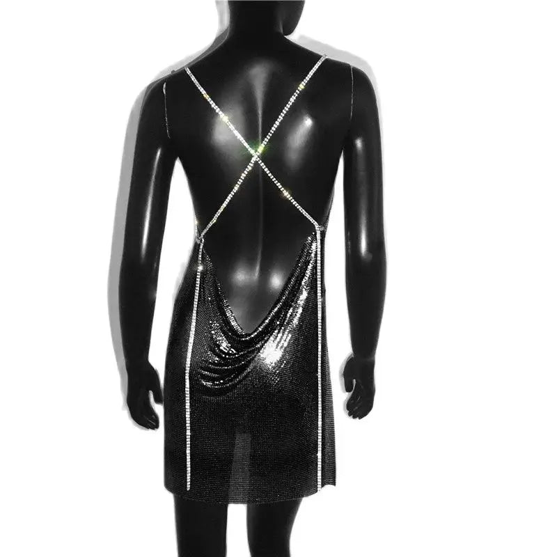 Backless Spaghetti Strap Metal Sequins Low Cut Dress