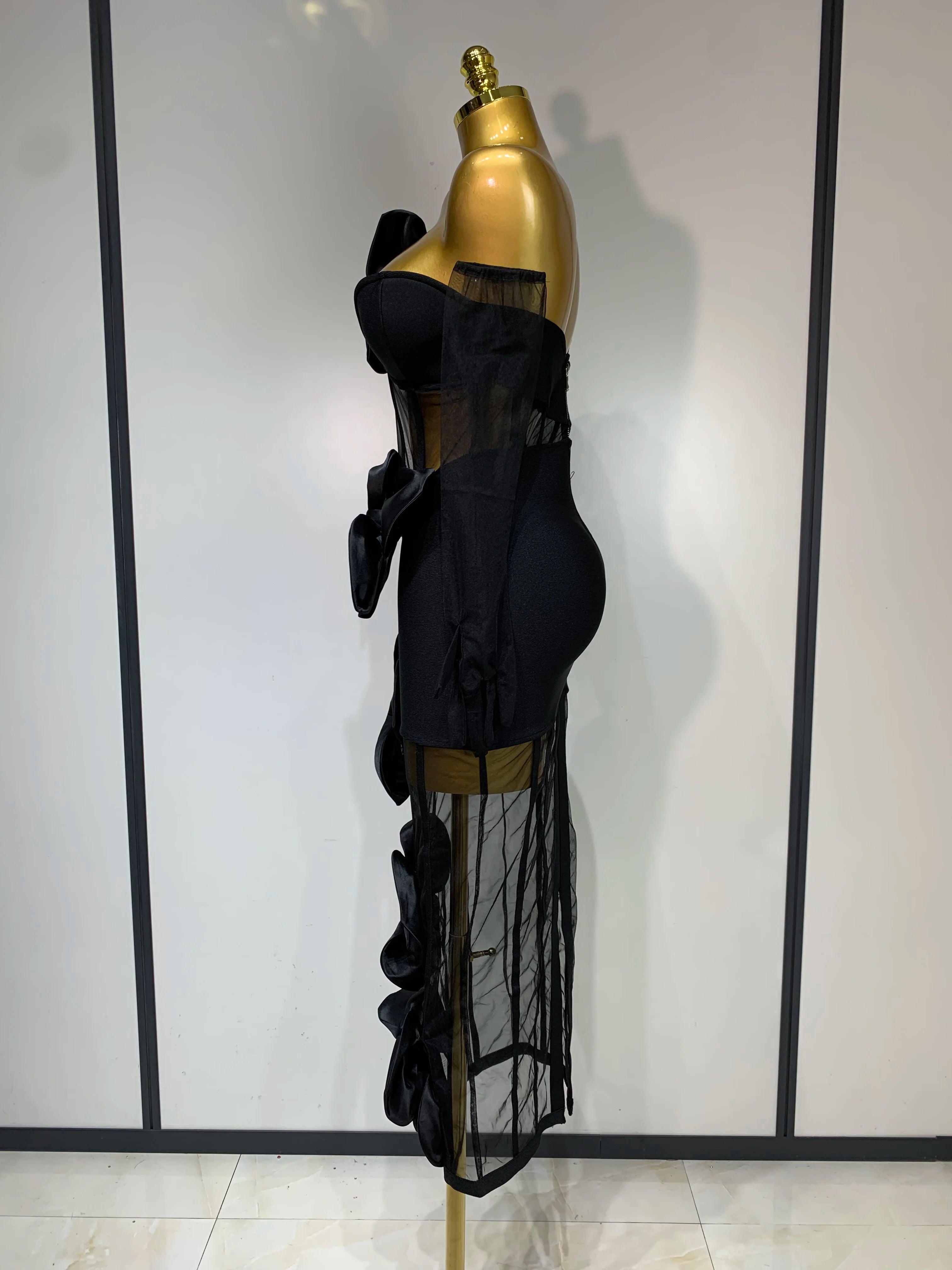 One Shoulder Bow Mesh See Through Bandage Bodycon Dress