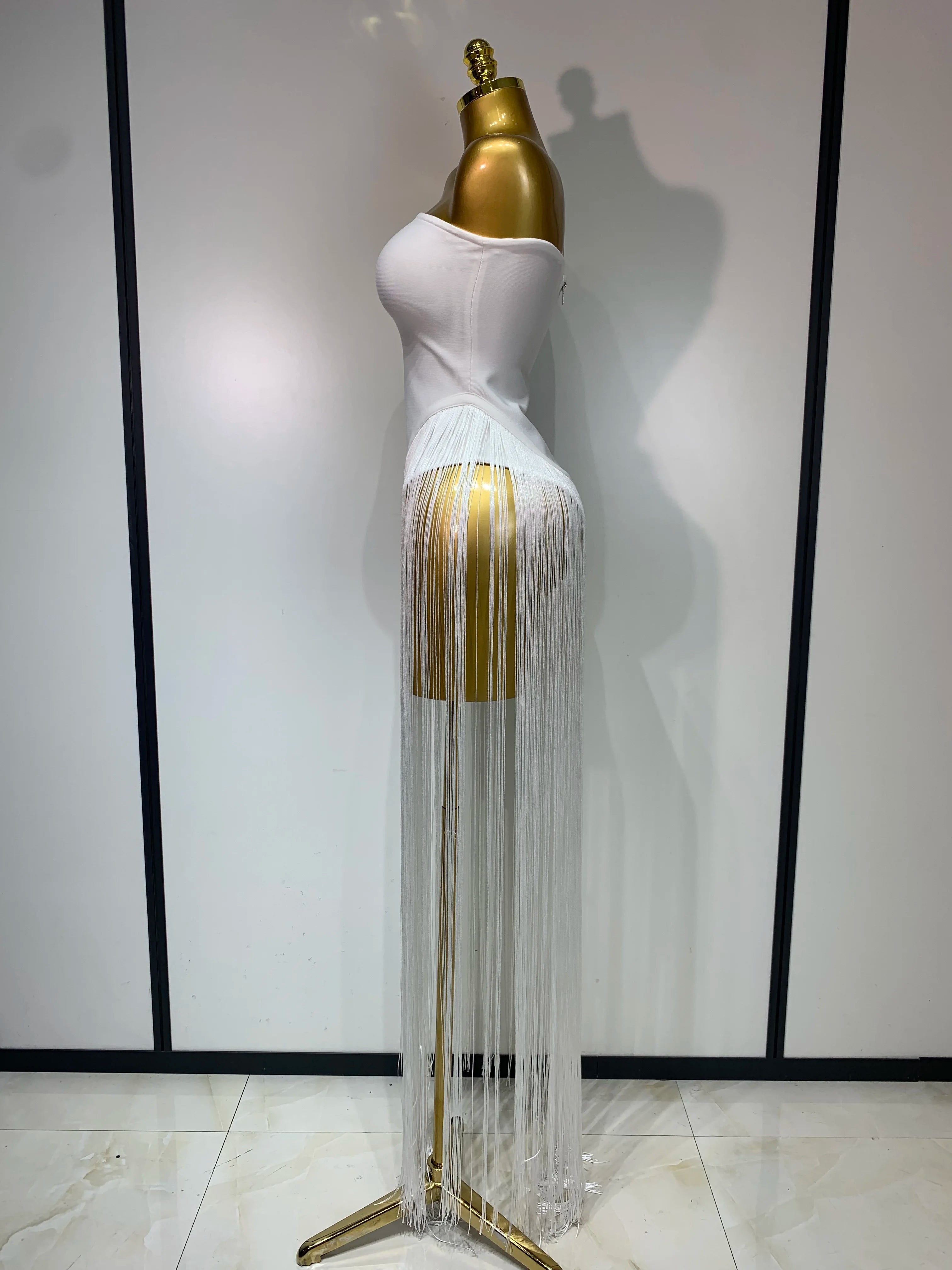 Luxury Long Tassel Patchwork Strapless Bandage Bodysuit Dress