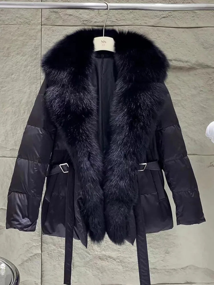 Natural Fox Fur Collar Goose Down Warm Parkas Slim Coat