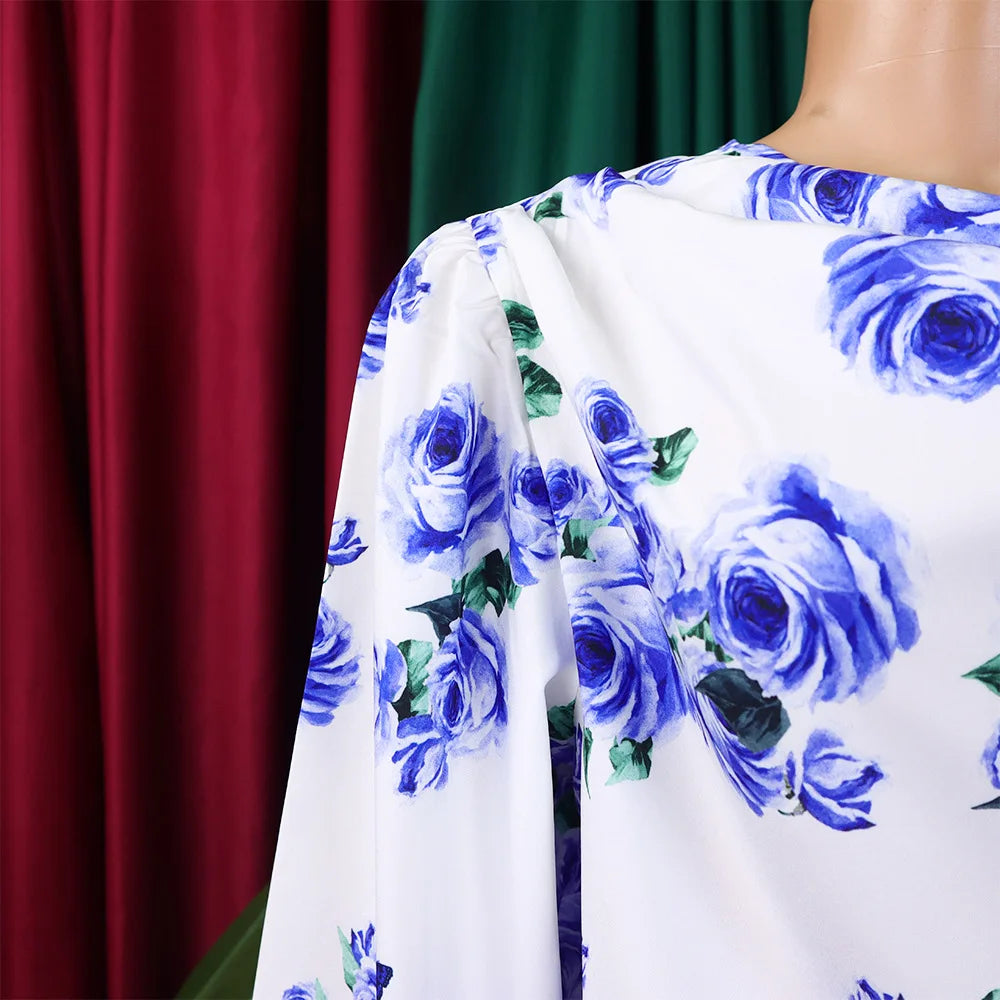 Two Piece Sets Slim Fit Print Floral Round Neck Lantern Sleeve Elegant Splice Wide Leg Long Pants