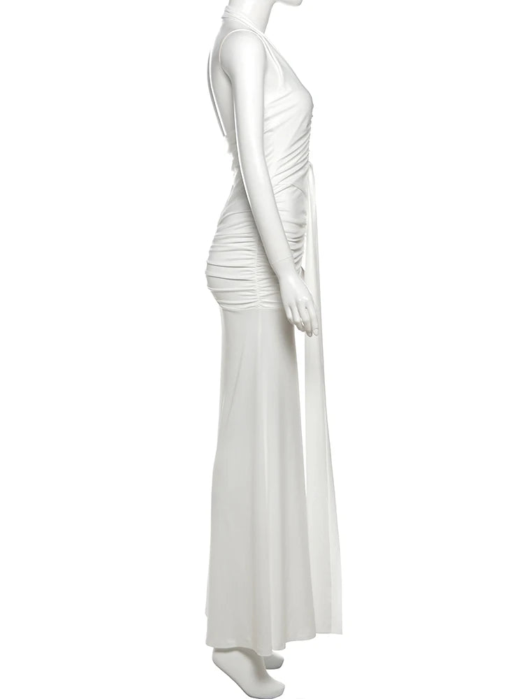 Backless Tassel Pleated Patchwork Halter Sleeveless Dress