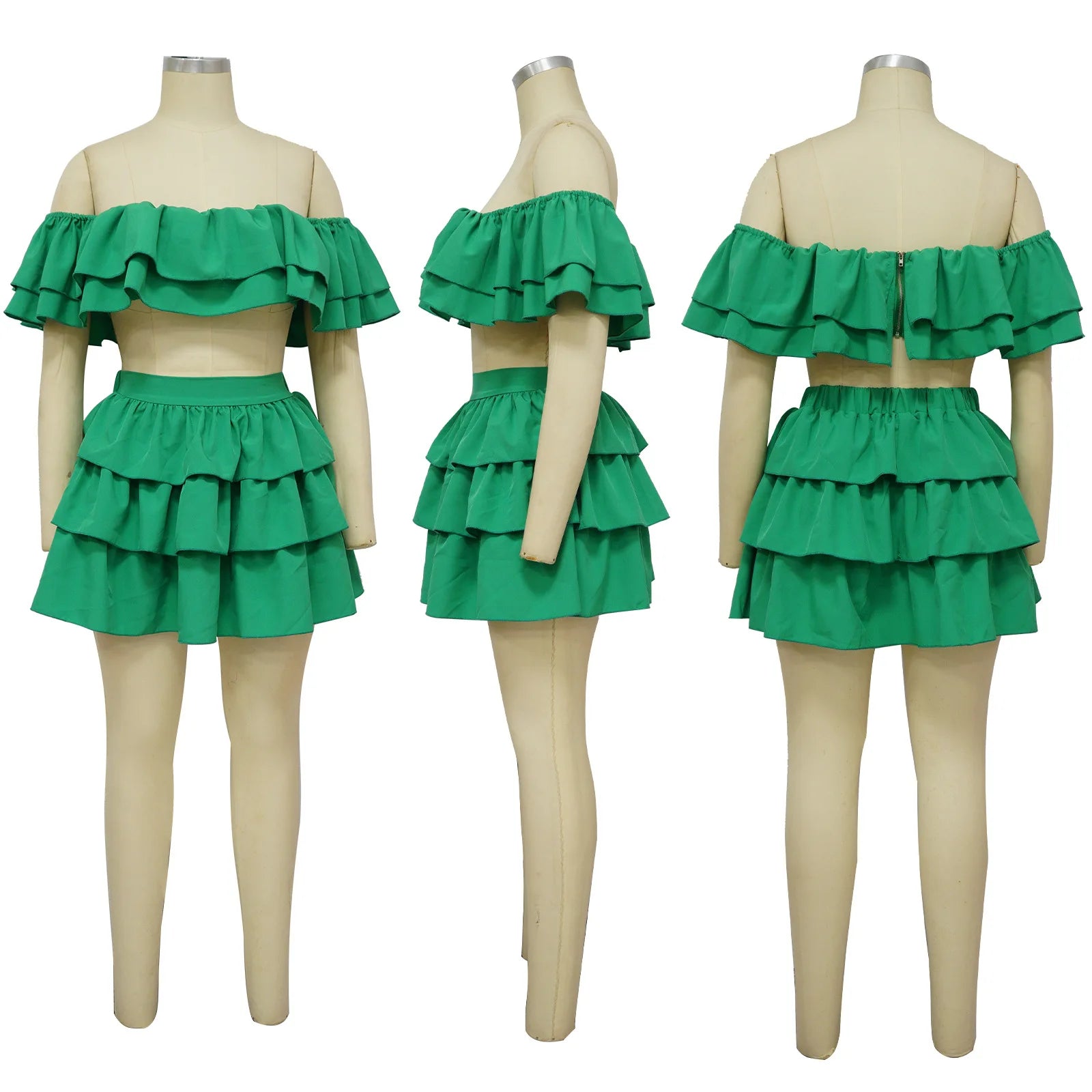 Butterfly Sleeve Crop Top and Cape Ruffles Skirts Set Two Piece Set