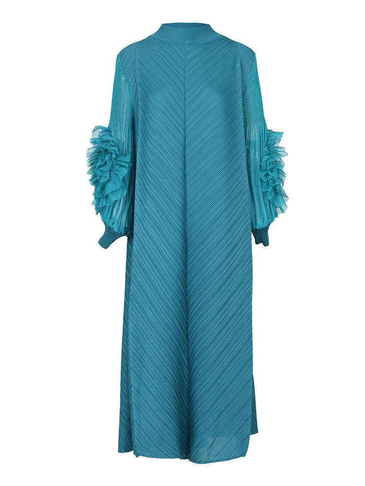 Maxi Pleated Round Neck Spliced Full Sleeve Dress