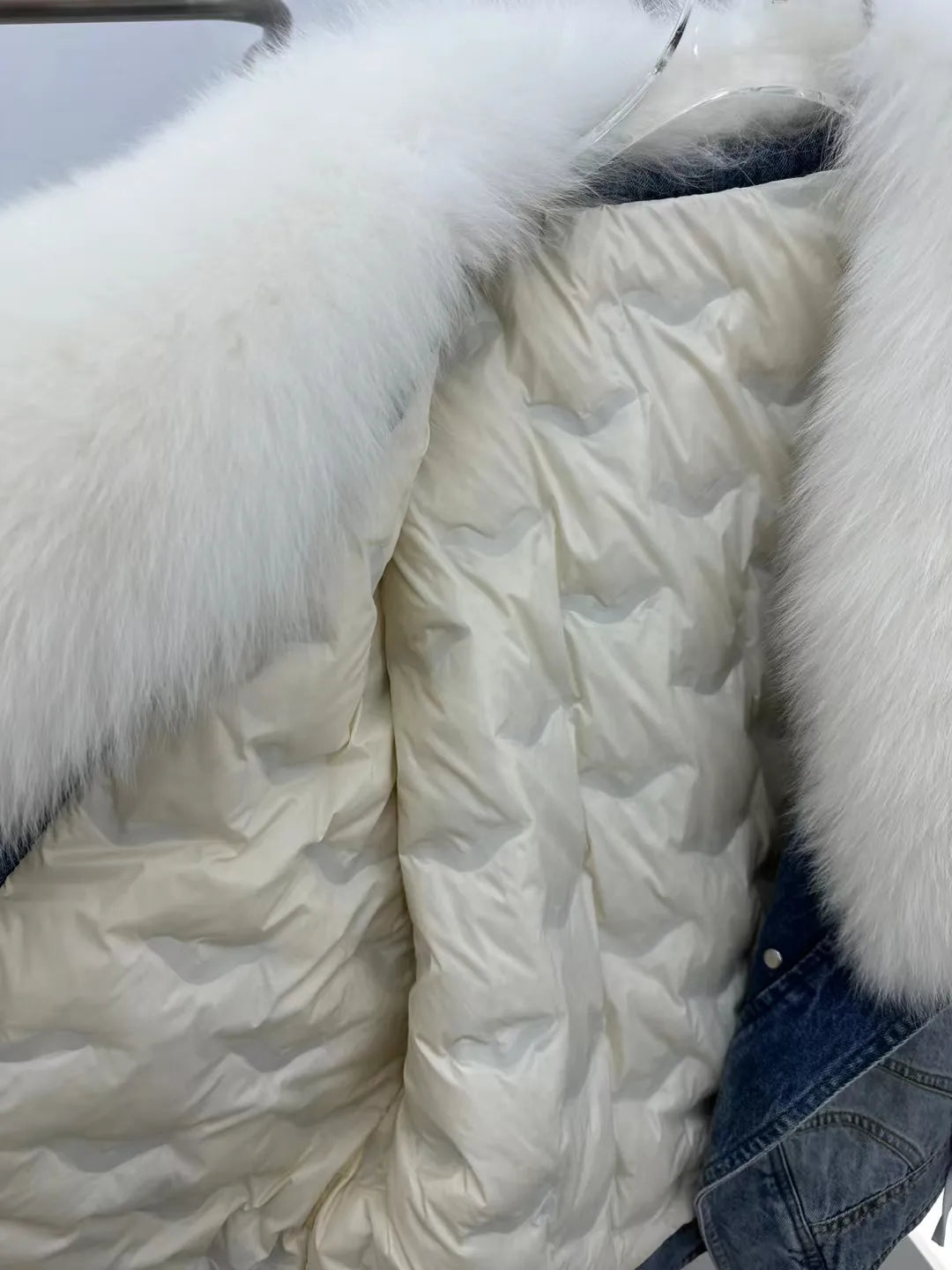 Denim Big White Fox Fur Collar Detachable Goose Down Filling Inner Lining High-End Jacket