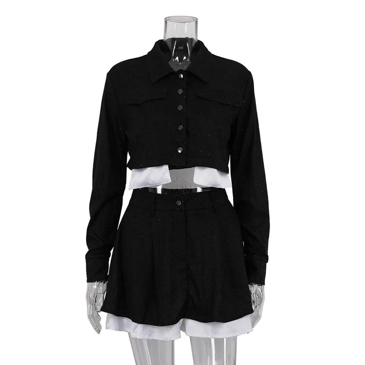 Turn-down Collar Bright Silk Long Sleeve Top Mini Skirt Two Piece Sets