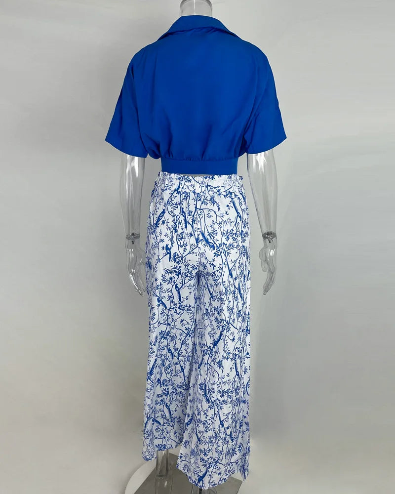 V-neck Short Sleeve Shirt And Blouses Crop Top Straight Print Wide Leg Long Pant Suits