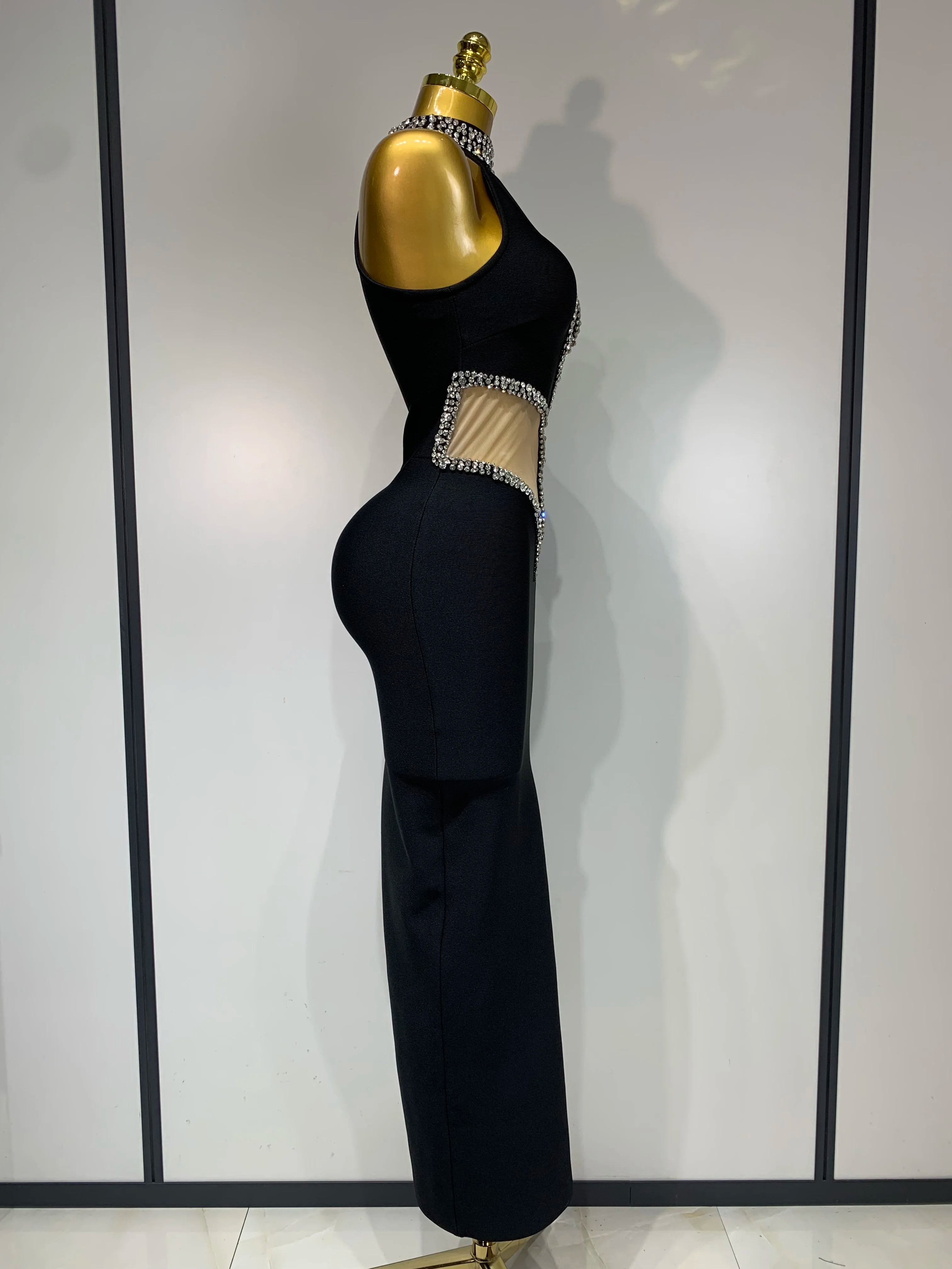 Rhinestone Black Sleeveless Mesh Patchwork Bodycon Bandage Elegant Dresses