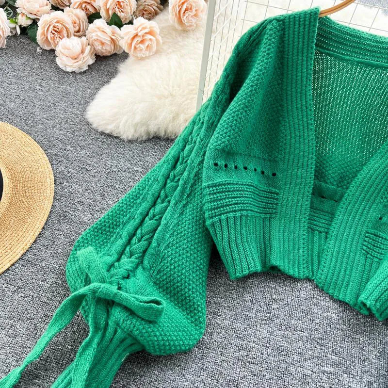 Knitted Crop Cardigans Sweet Winter Korean Elegant All Match Cardigan Lantern Sleeve