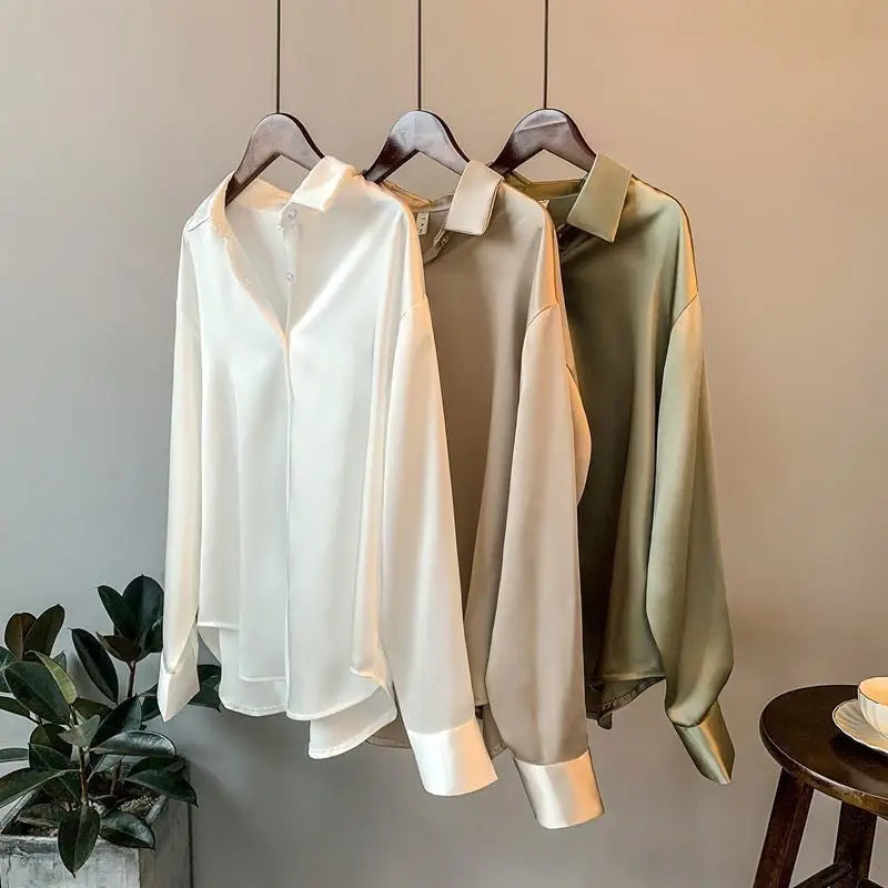 Vintage Satin Blouse Long Sleeve Button Loose Shirts