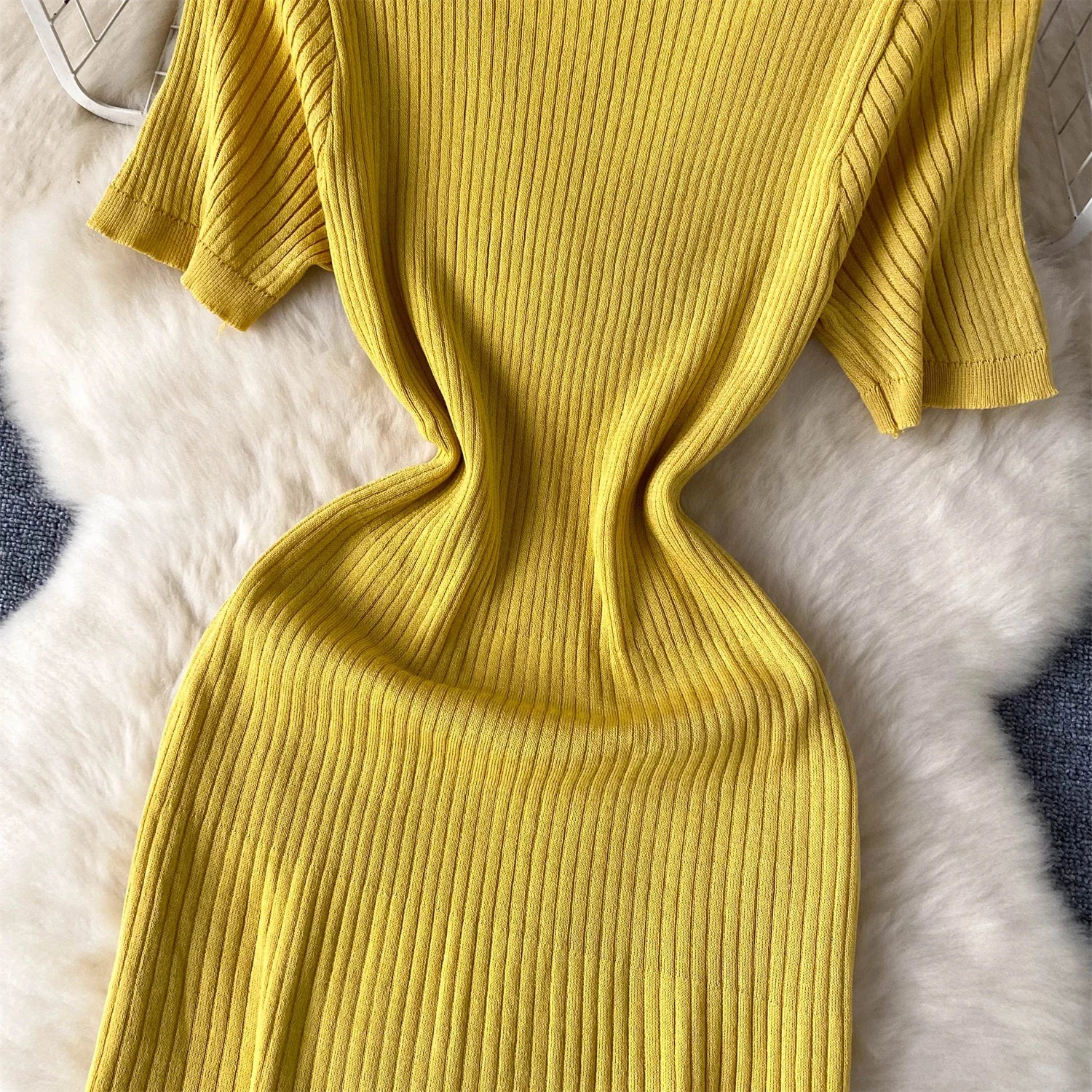 Elegant Stripe Knit Short Sleeves Mesh Patchwork Long Dress