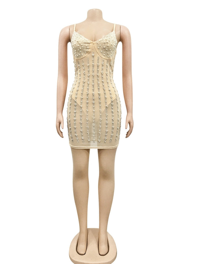 See-Through Pearls Crystal Sequin Bodysuit Dresses