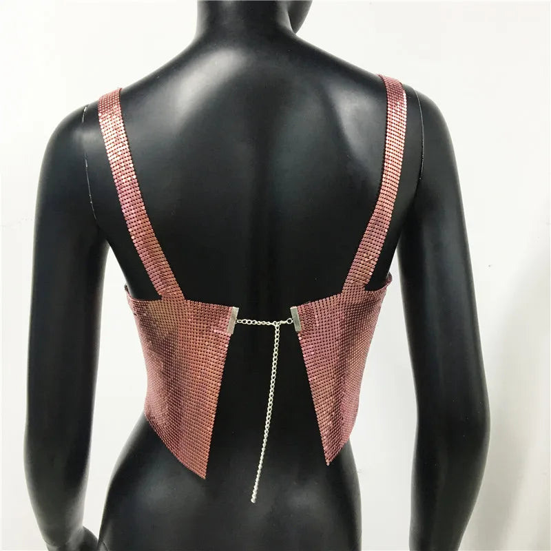Bling Metallic Sequin Crop Top y2k Backless Straps Cropped Top