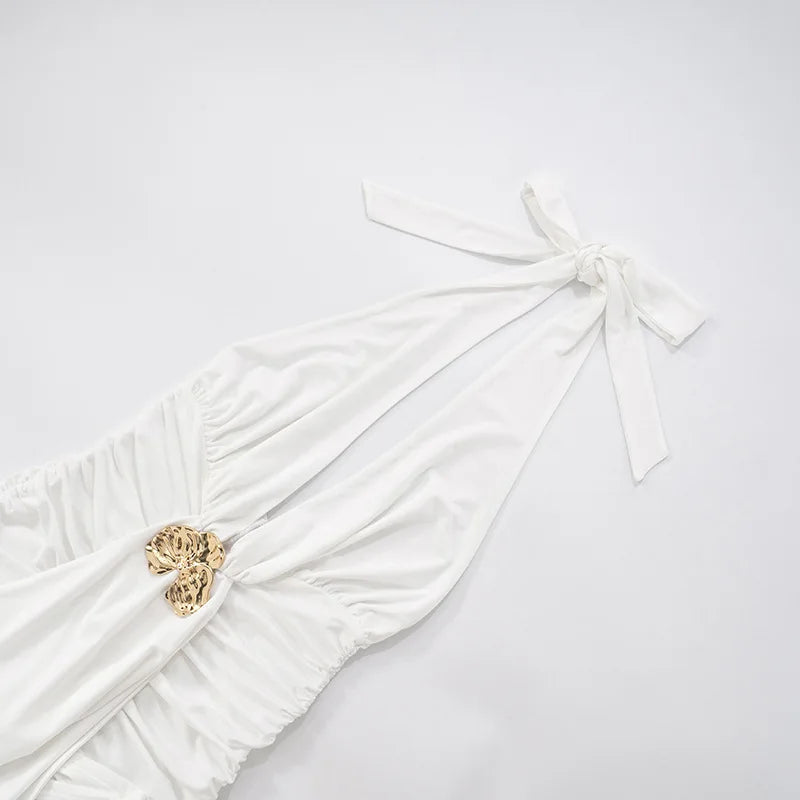 Sleeveless Halter Pleated Ribbon Deep V Backless Dress