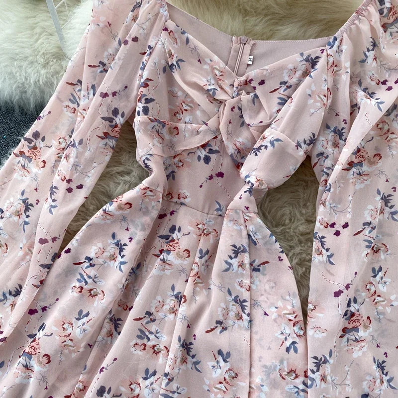 V-neck Puff Sleeves Folds Slim Floral Wide-leg Playsuit Jumpsuit