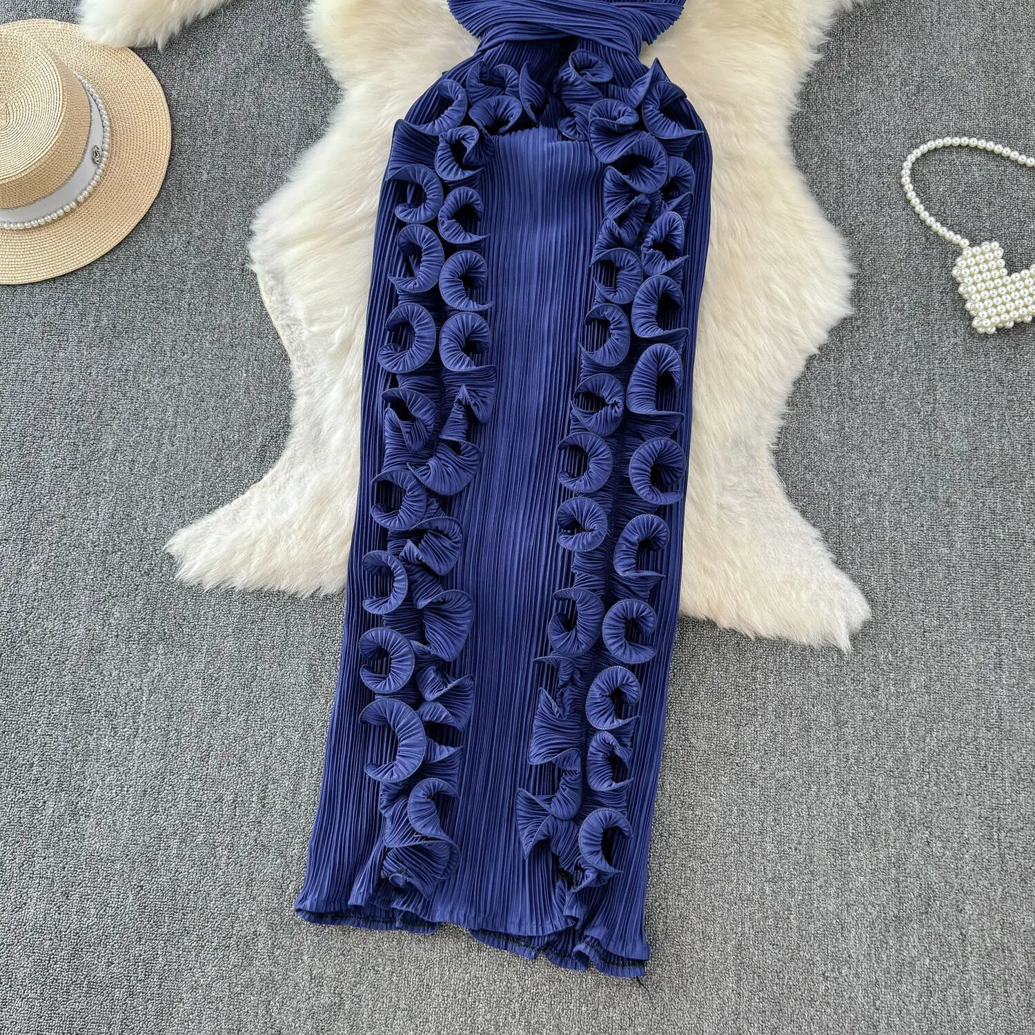 Elegant Pleated Ruffles High Waist Slim Long Dress