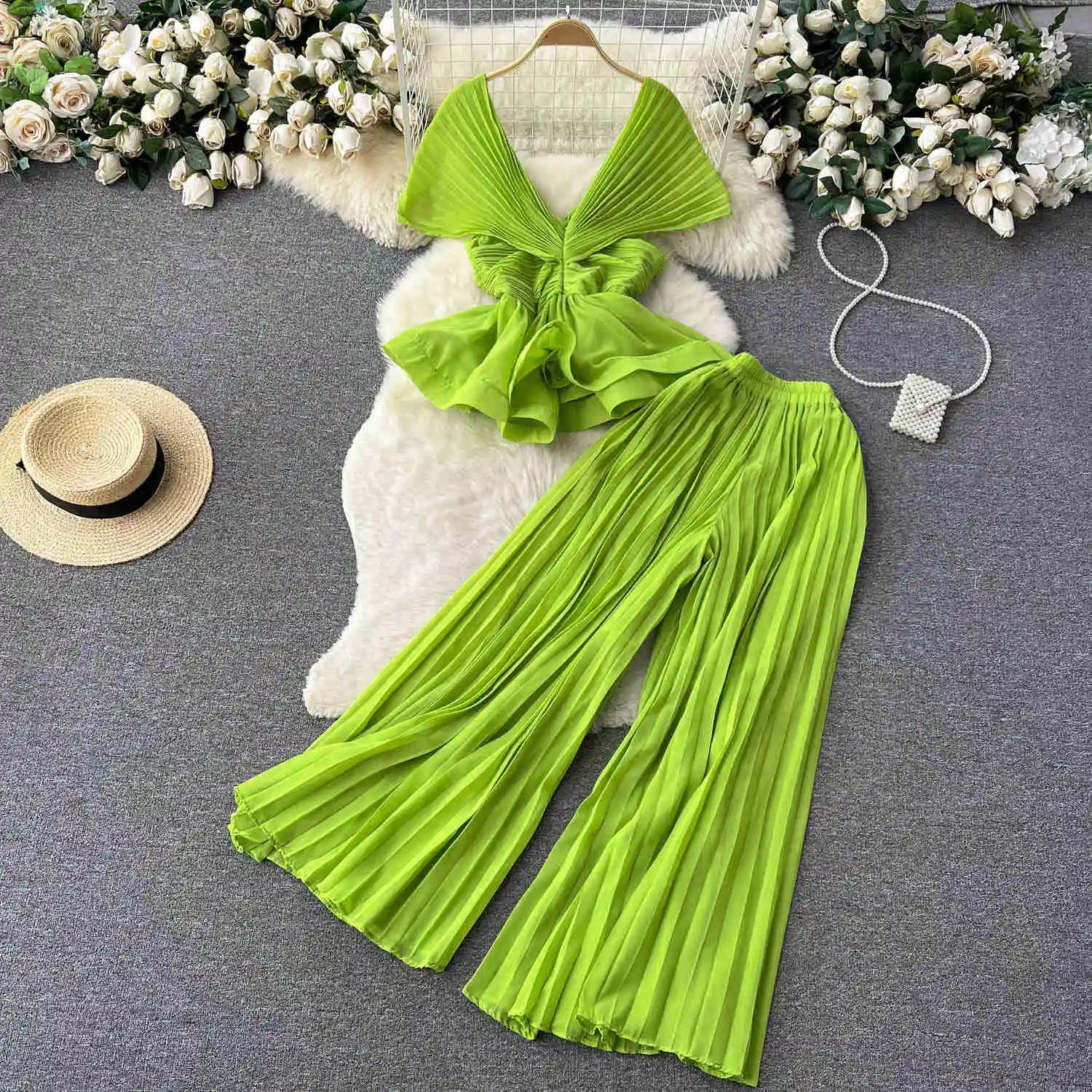 High End Elegant Pleated Sleeveless Chiffon Top+High Waist Wide Leg Pants Two Piece Set