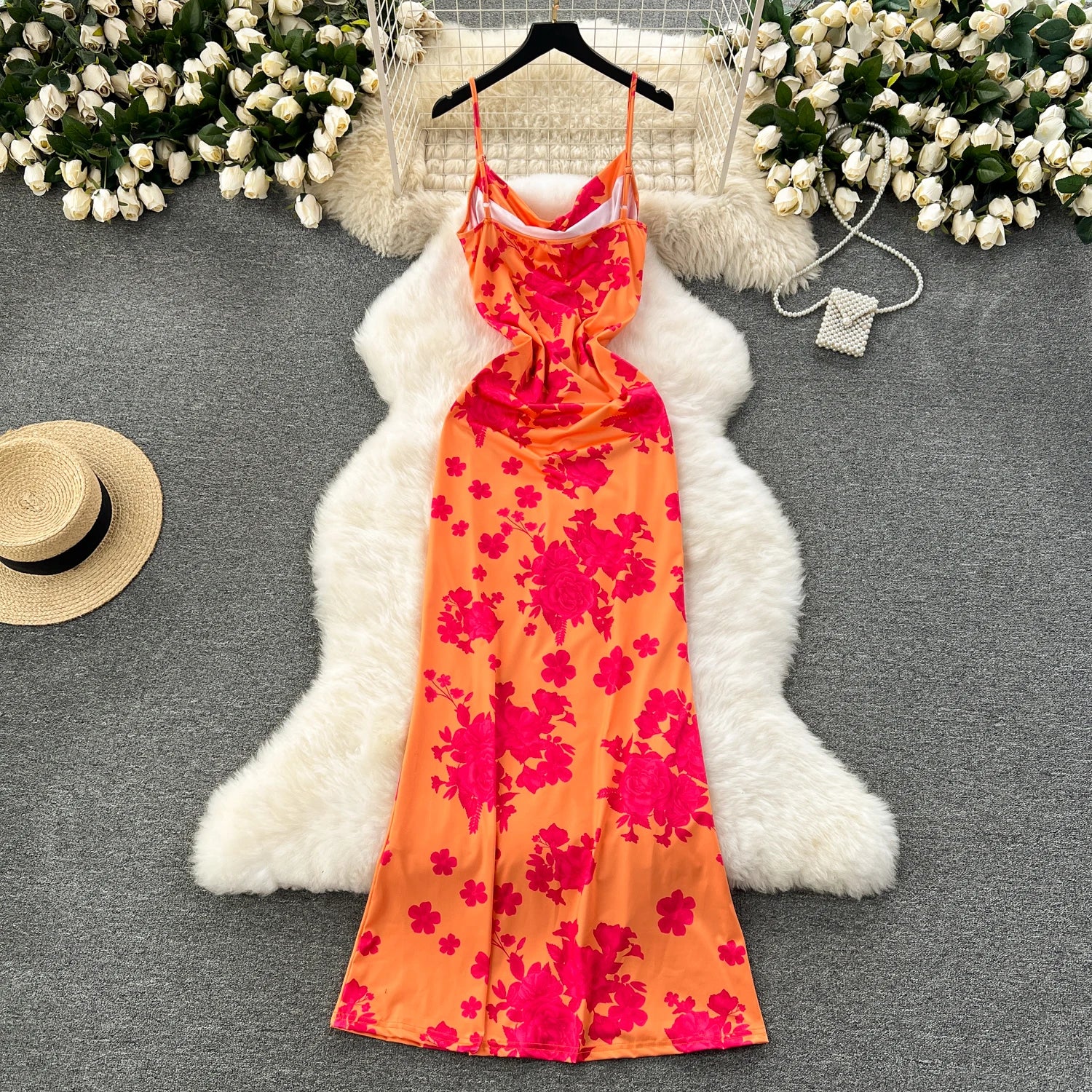 Spaghetti Strap Sleeveless Cross Bandage Design Slim Bodycon Floral Long Dress