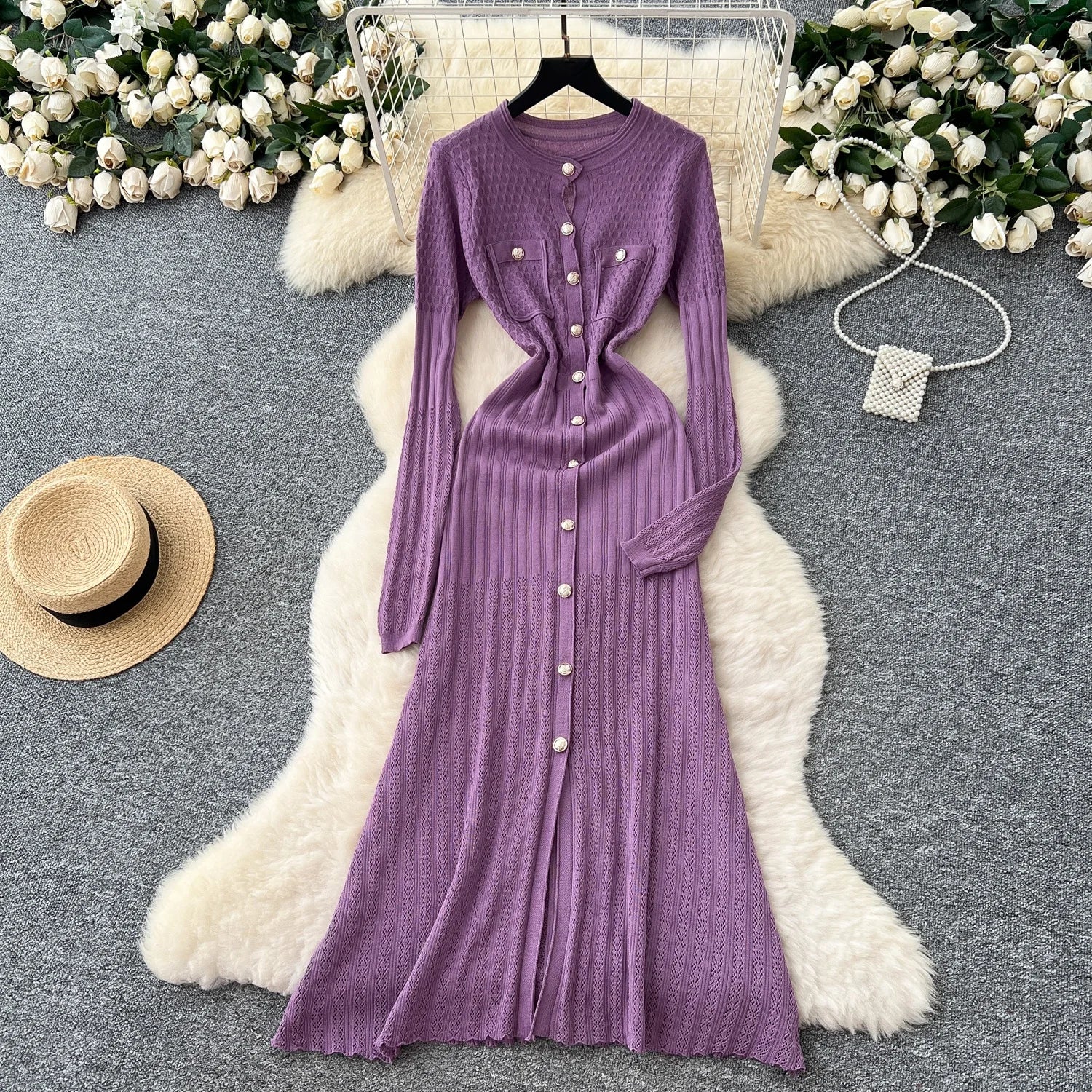 High-Waisted Knitted Long Autumn Hollow out Dress