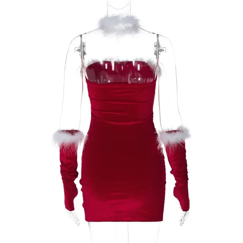 Velvet Feathers Strapless Wrap Ruched Bodycon Xmas Dress With Gloves