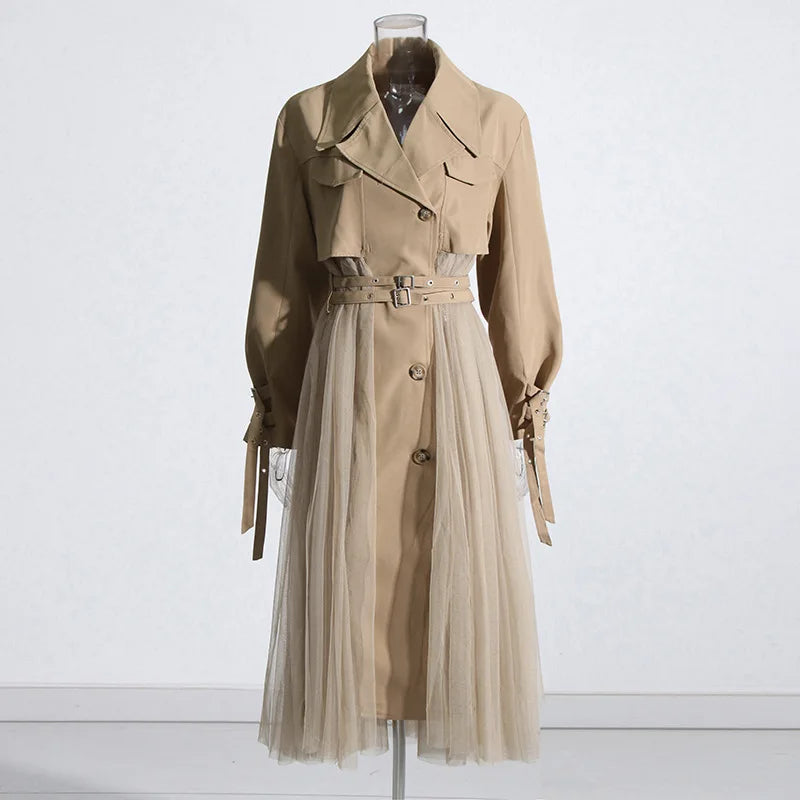 Loose Mesh Stitching Casual High Waist Long Trench Coat