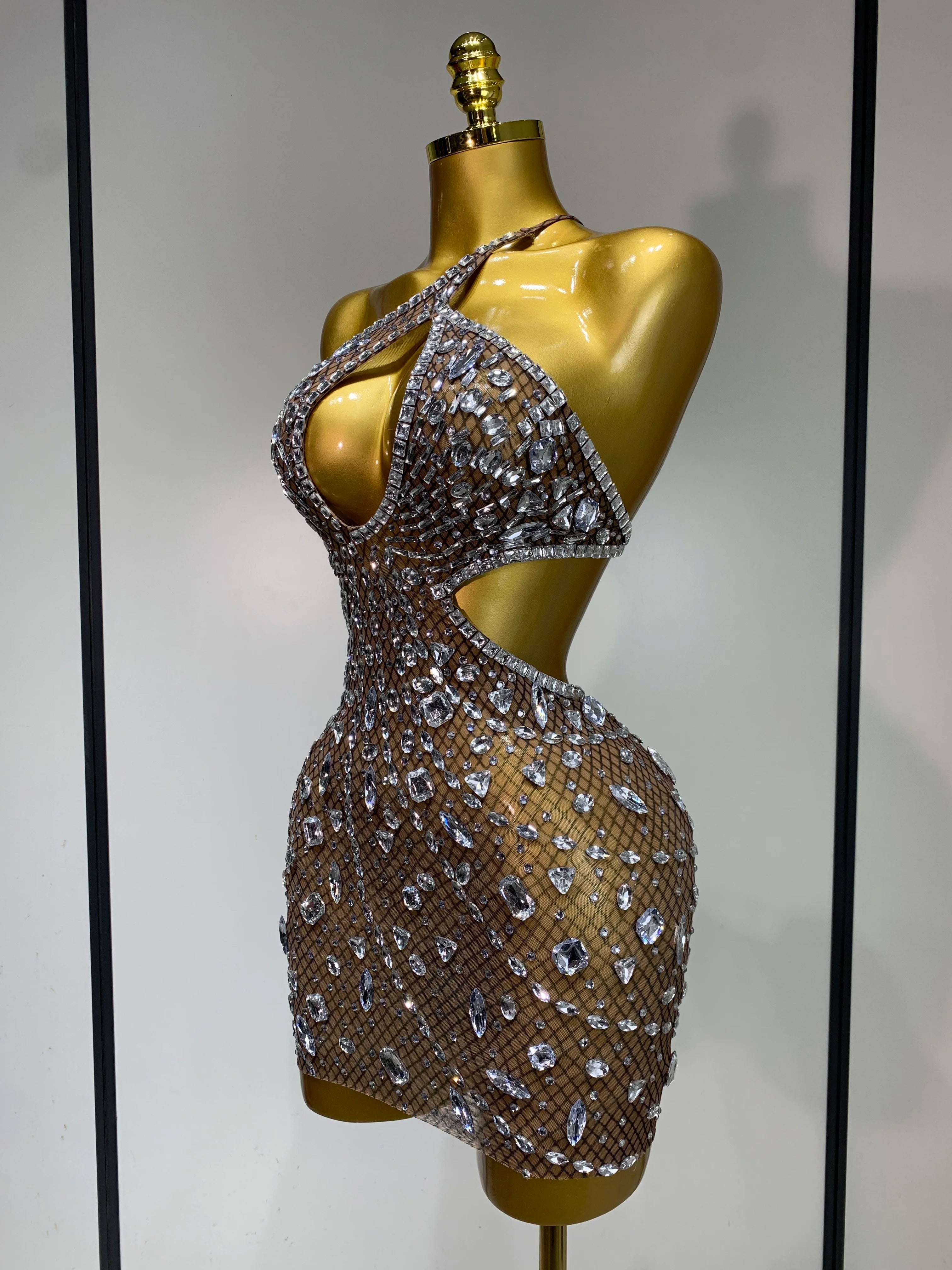 Sleeveless See Through Mesh Backless Evening Sparkling Dress