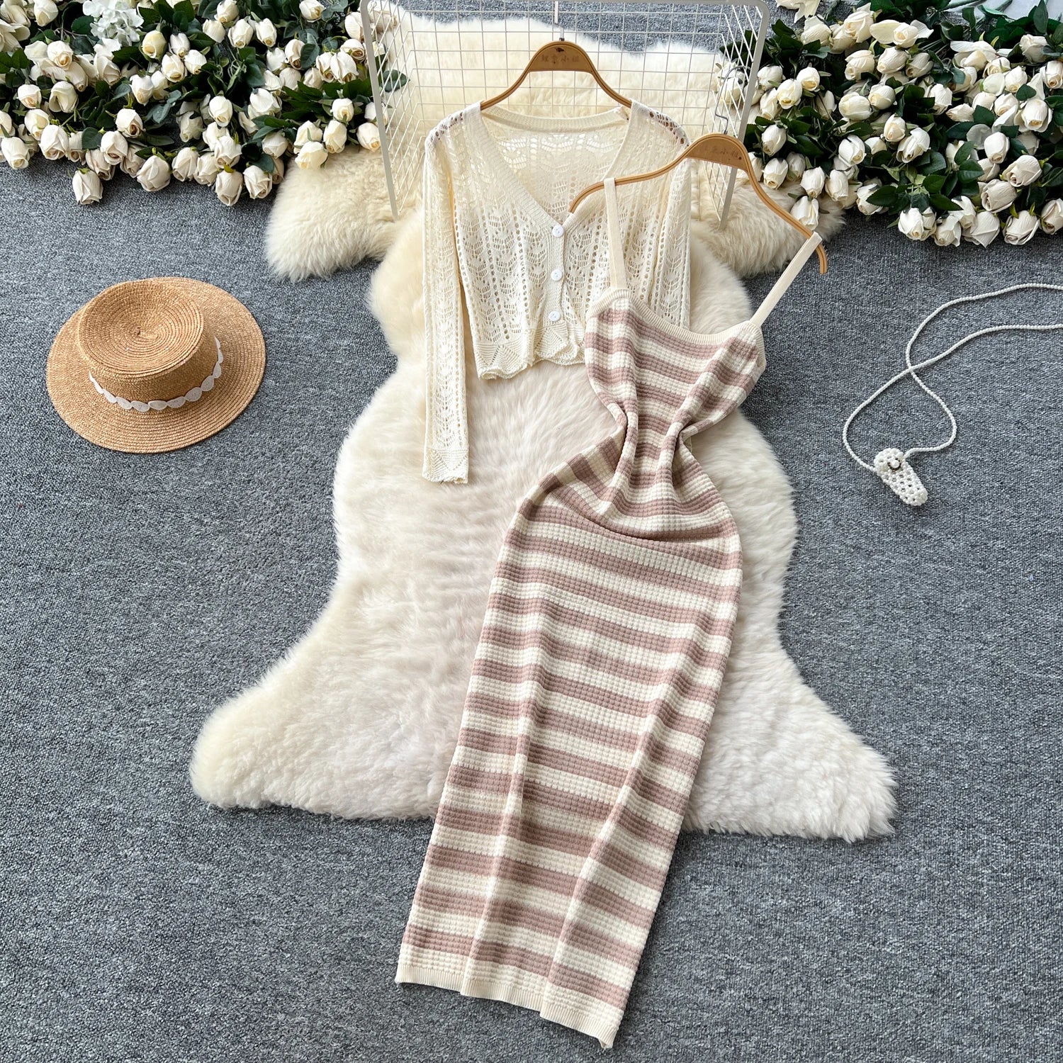 Two piece set Hook flower hollow striped Two Piece Set