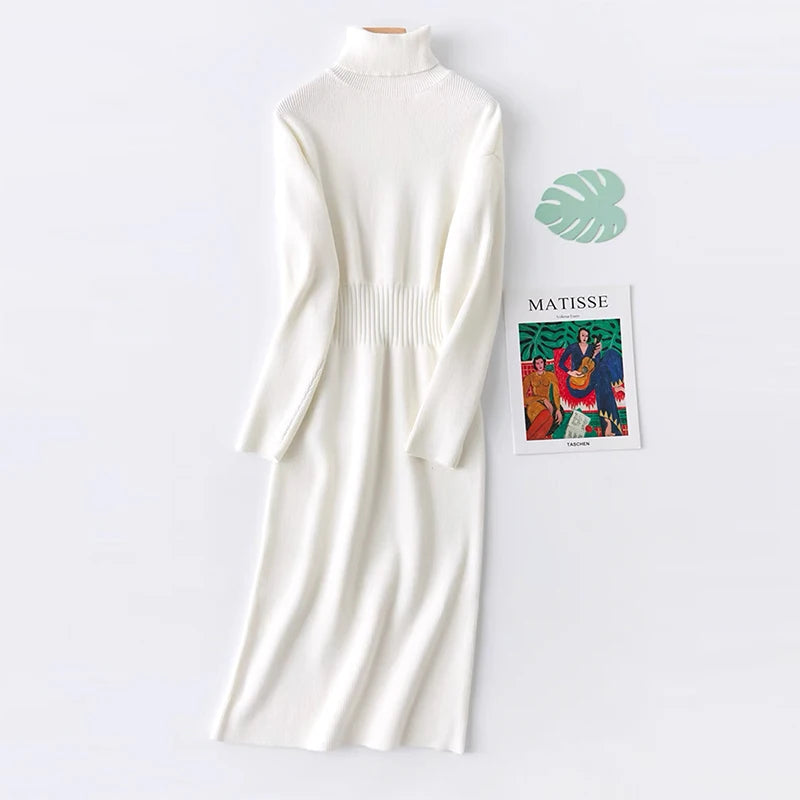 Knitted Casual Solid Elastic Waist Turtleneck Long Sleeve Dress Korean Fashion Pullover Mid-Calf Dresses