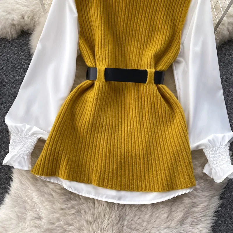 Luxury Style Loose-fit Long Sleeve White Shirt Side Slit Knit Vest 2-piece Set