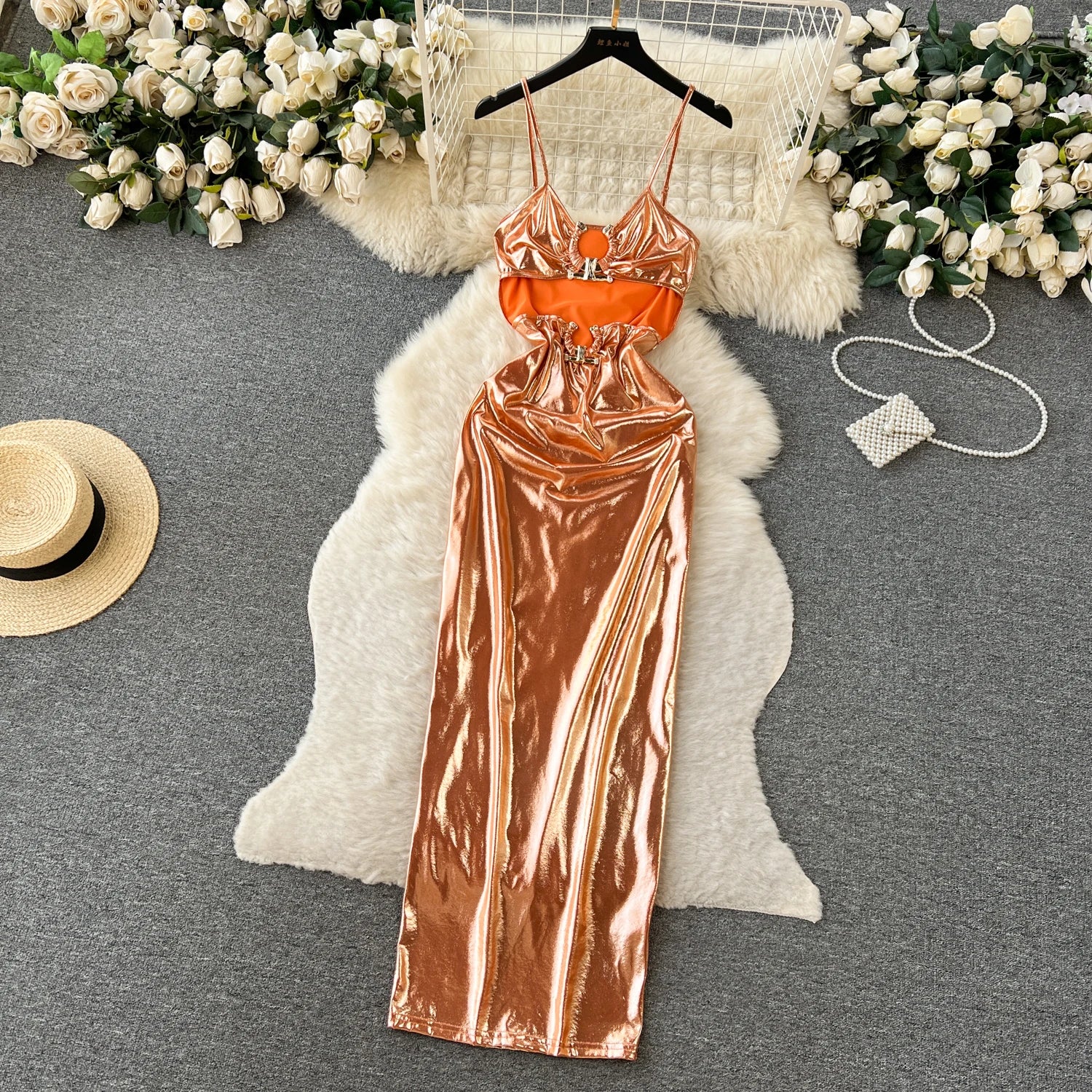 Spaghetti Strap Elegant Dresses Slash Neck Hollow Out Chic Casual Ladies Dress