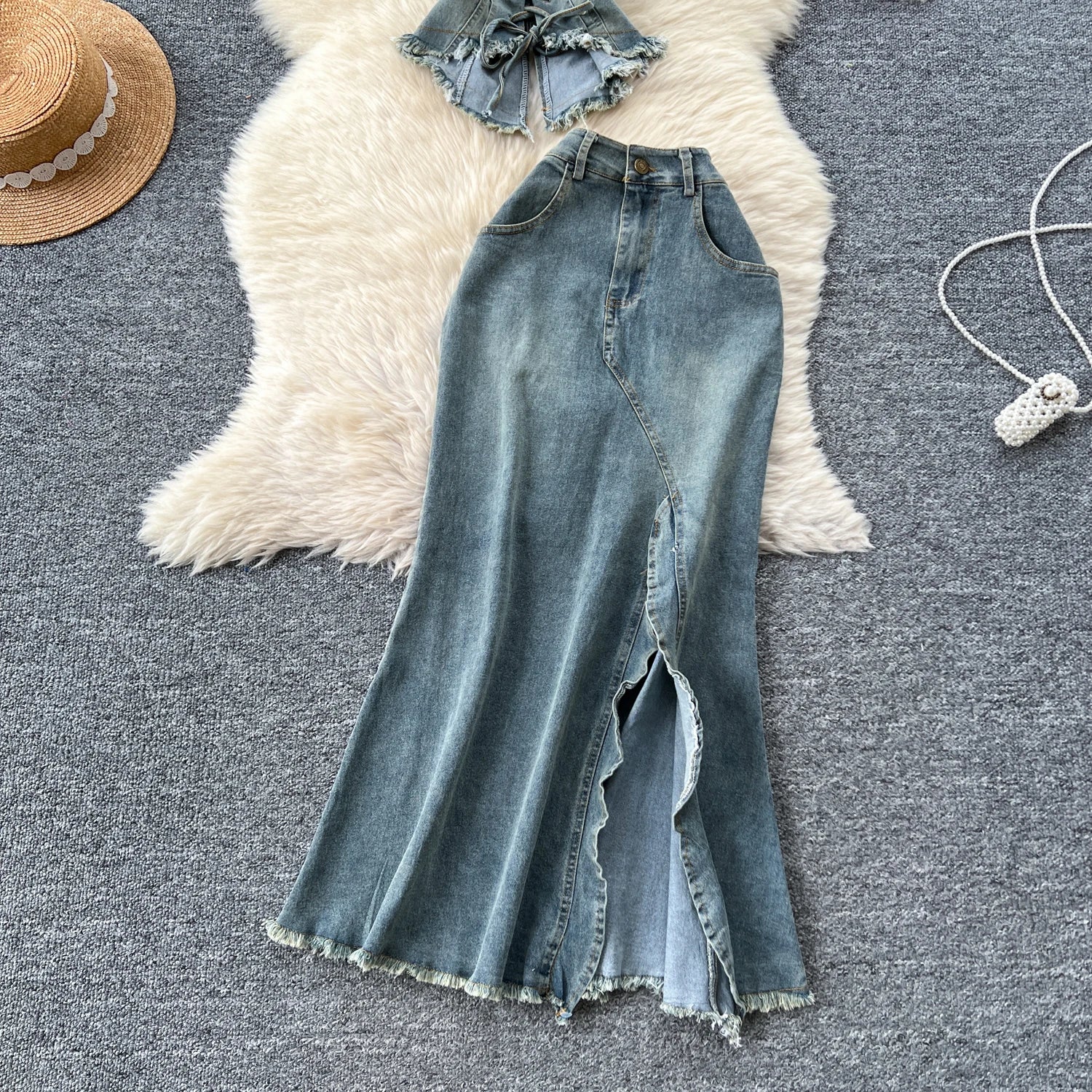 Vintage Lace Up Strapless Top And Skirt Demin Set