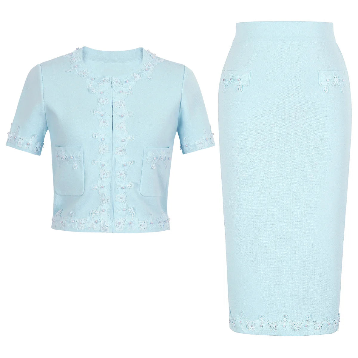 French Elegant Beaded Flower Short Sleeve Knitted Tops High Waist Slim Fit Bodycon Skirts Two-Piece Set