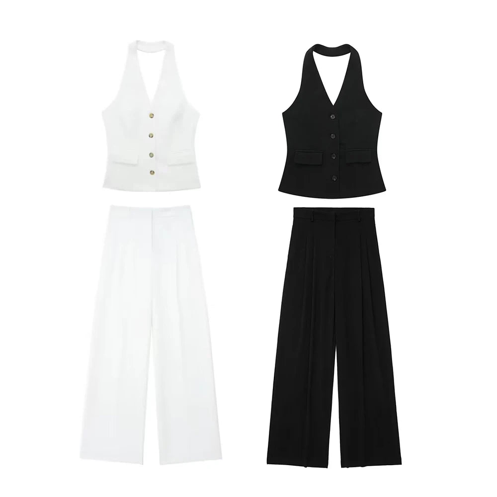 Single Breasted Vest + High Waisted Casual Trousers Set