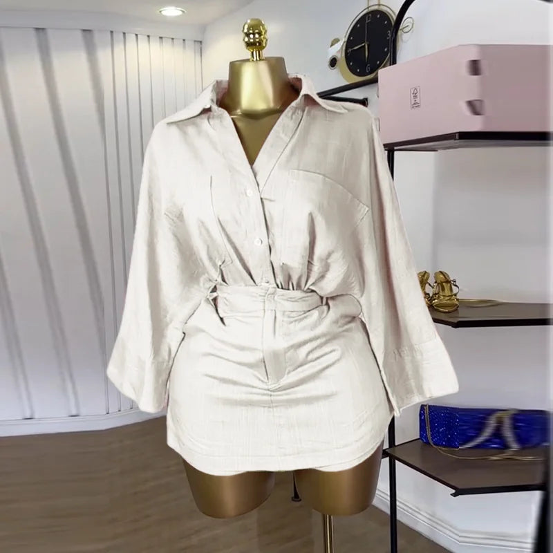 Full Sleeve Turn-down Collar T-shirt and Skirts Shorts Chic Two 2 Piece Sets