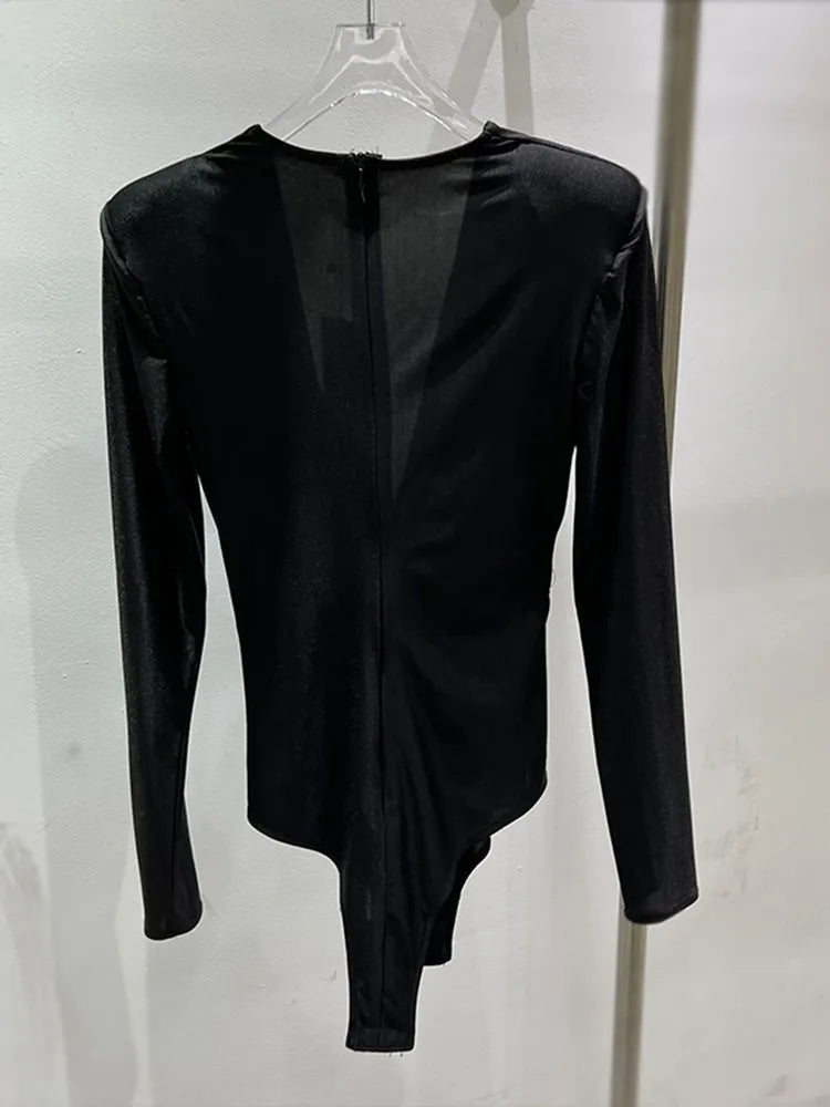 Solid Folds Twist V Neck Long Sleeve High Waist Slim Blouse