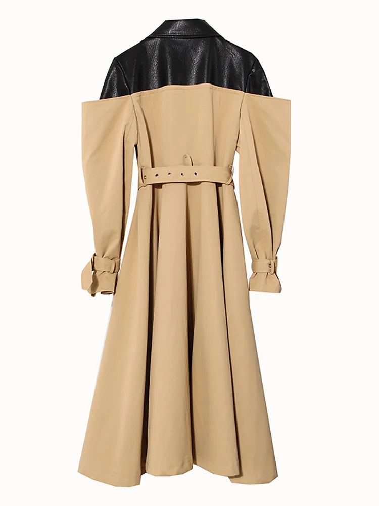 Autumn And Winter Temperament Leather Contrast Color Windbreaker Coat