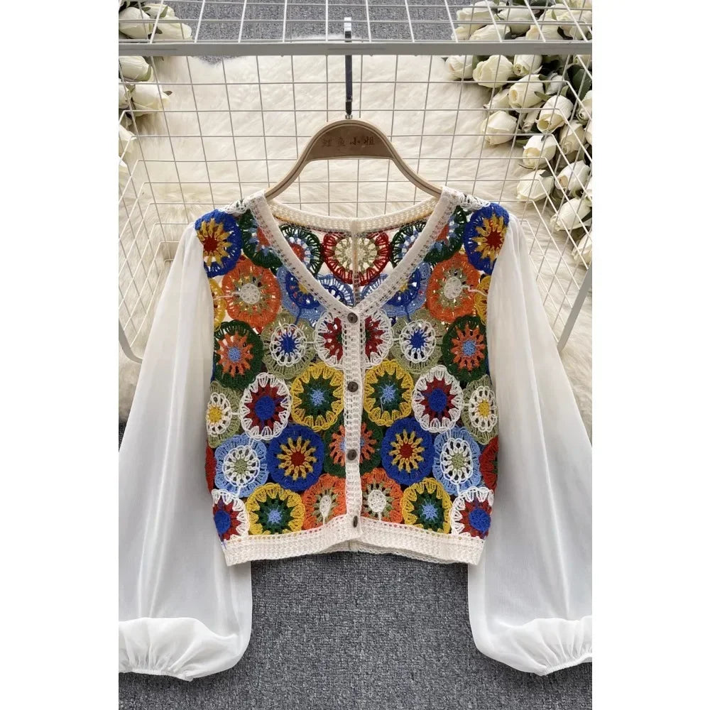 Knitting Crochet  Hollow Out Long Lantern Sleeve Blouse
