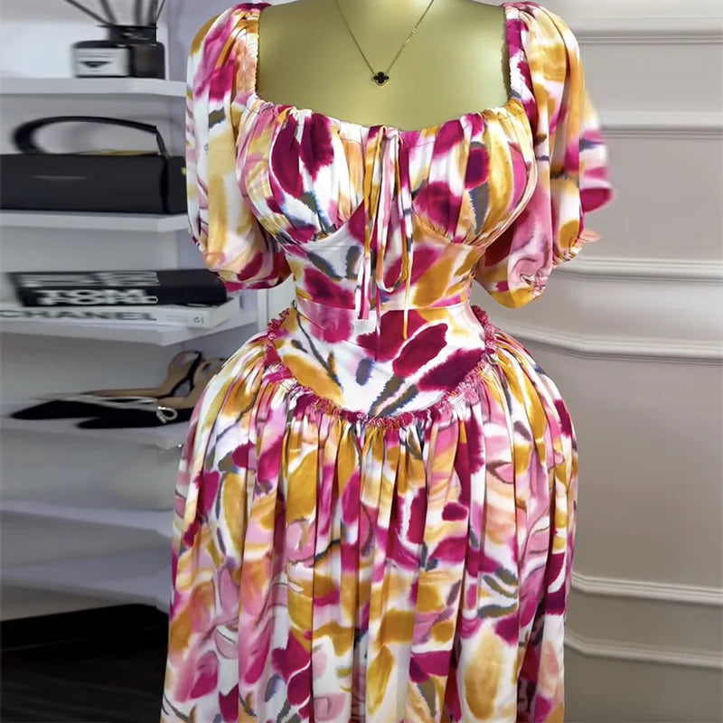 Tulip Floral Printed Lantern Short Sleeve High Waist Dresses