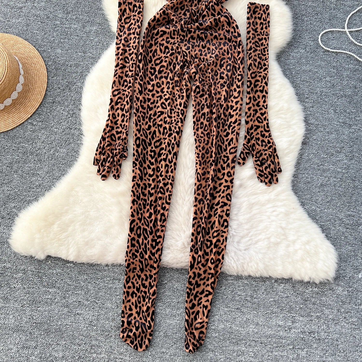 Leopard Print Stand Collar Long Gloves Long Playsuits Jumpsuit