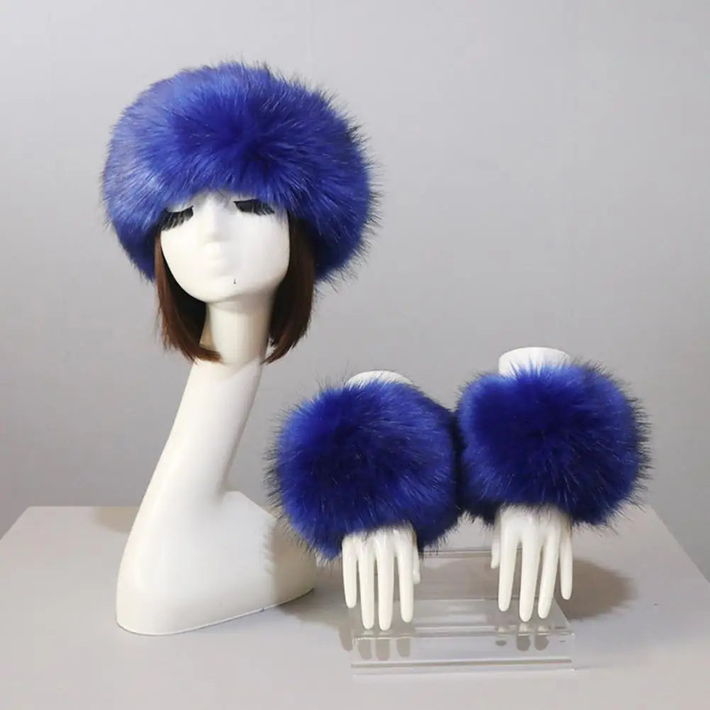 Fluffy Faux Fur Empty Top Soft Keep Warm Elastic Cozy Hat Cuffs Set for Outdoor