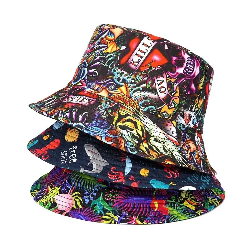 Bucket Hat Panama Cap Print Hip Hop Fisherman Hat Double Side Wear Fashion