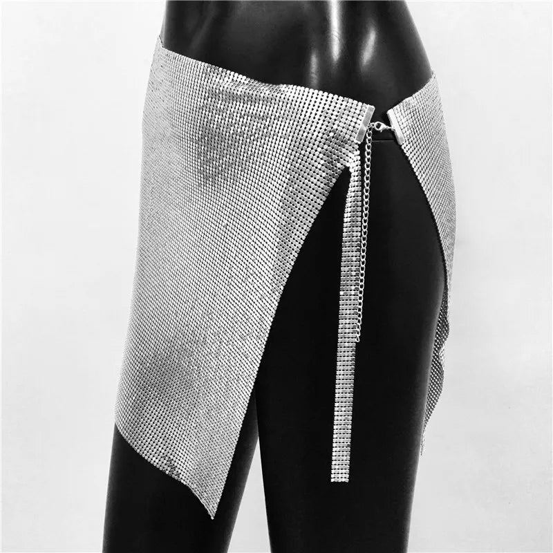 Metal Sequins 2 Piece Set Backless Halter Tank Tops Split Mini Skirts