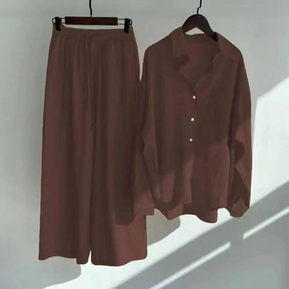 Cotton Linen  Long Pants Set Two Piece Set Vintage Long Sleeve Button Blouse Casual Suits