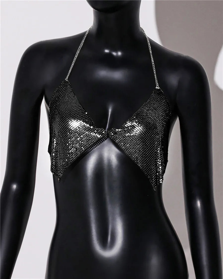 Metal Sequins Backless Halter Crop Top