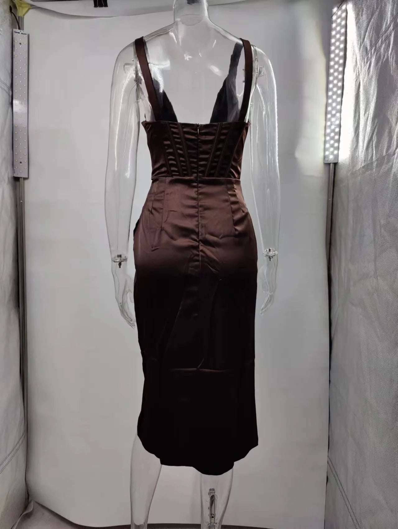 Deep V Neck Spaghetti Strap Satin Dresses