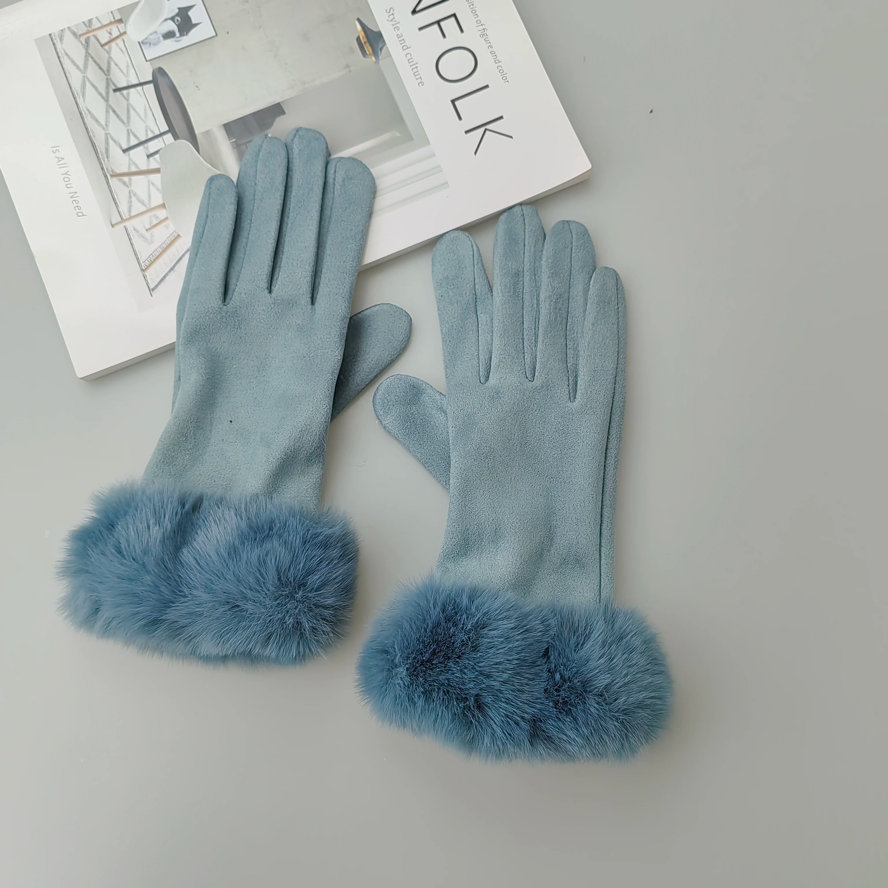 Faux Fur Suede Leather Touch Gloves