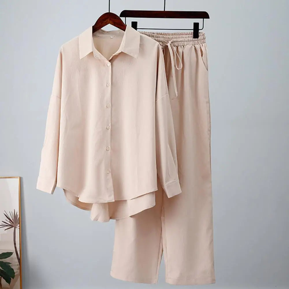 Oversized Lady Shirt Blouse Pants Suit High Waist Slacks Suit Cotton and Linen Shirt Pants Casual Suit