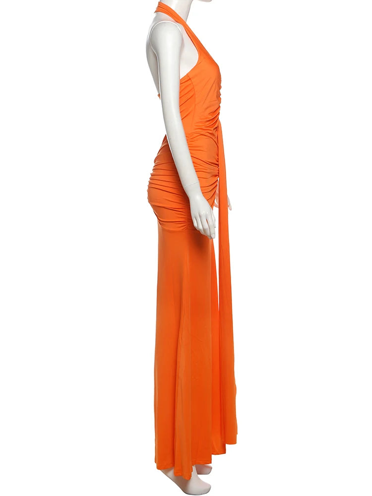 Backless Tassel Pleated Patchwork Halter Sleeveless Dress